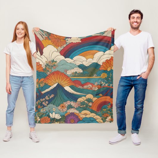 Art Nouveau Style Mountain Sky Floral Landschap Fleece Deken (In situ)