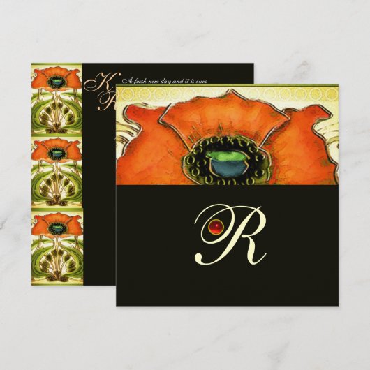 ART NOUVEAU STYLIZED GREEN RED POPPY GEM MONOGRAM KAART (Voorkant / Achterkant)