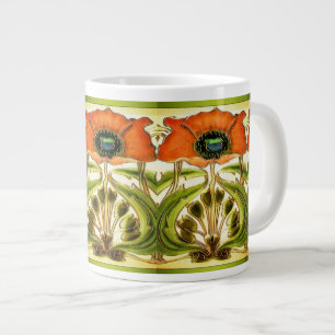 ART NOUVEAU STYLIZED GREEN RED POPPY GROTE KOFFIEKOP