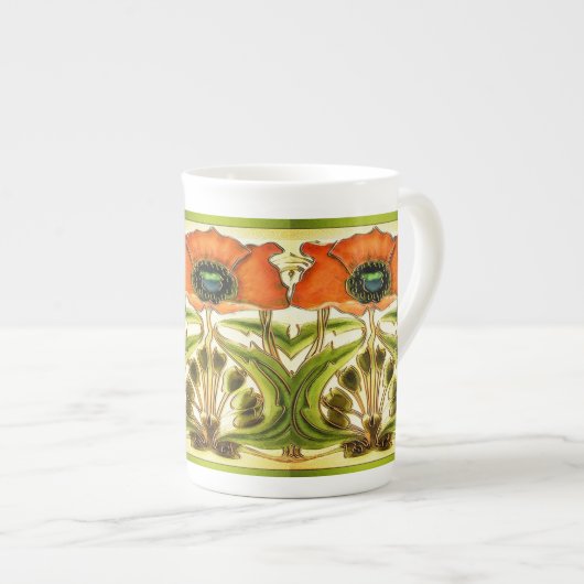 ART NOUVEAU STYLIZED GREEN RED POPPY PORSELEIN KOP (Voorkant rechts)