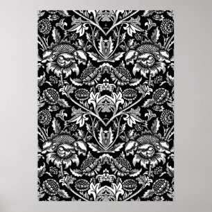 Art Nouveau Sunflower, Black, White en Grey Post Poster