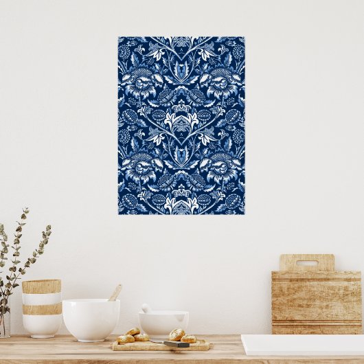 Art Nouveau Sunflower, Donkerblauw en wit Poster (Keuken)