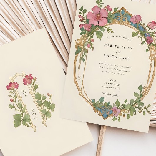 Art Nouveau Sweet Pea Floral Wedding Kaart