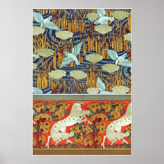 Art nouveau textiel ijsvogel paard Verneuil Poster (Voorkant)