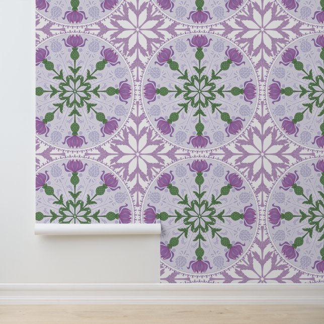 Art Nouveau Thistle Pattern in Paarse en groene Behang (Applicatie)