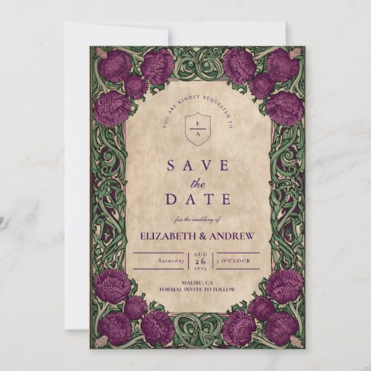 Art Nouveau Thistle Wedding Save The Date (Voorkant)