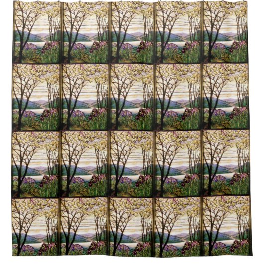 Art Nouveau Tiffany Glas in lood Iris Flowers Douchegordijn (Voorkant)