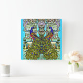 Art Nouveau  Tiffany Glas in lood Peacock Vierkante Klok (Huis)