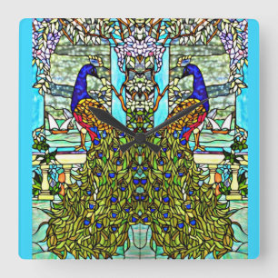 Art Nouveau  Tiffany Glas in lood Peacock Vierkante Klok