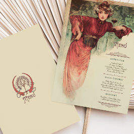 Art Nouveau Trouwmenu  Lady Red Gown Kaart