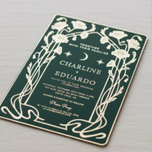 Art Nouveau Trouwuitnodiging in bosgroen en goud