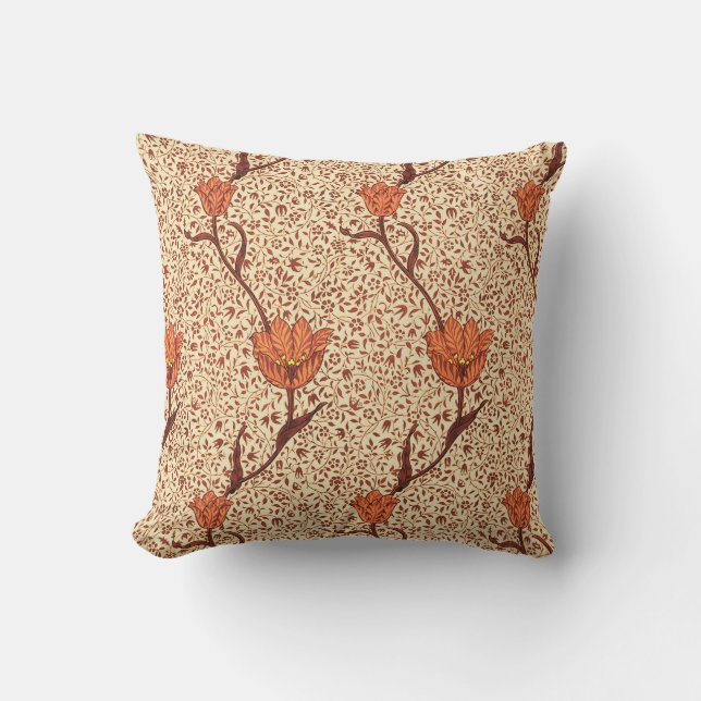 Art Nouveau Tulip Damask, Coral en Beige Kussen (Voorkant)
