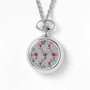 Art Nouveau Tulip Damask, Grey and Red Horloge