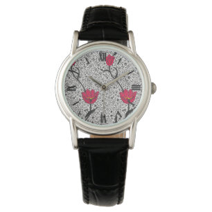 Art Nouveau Tulip Damask, Grey and Red Horloge