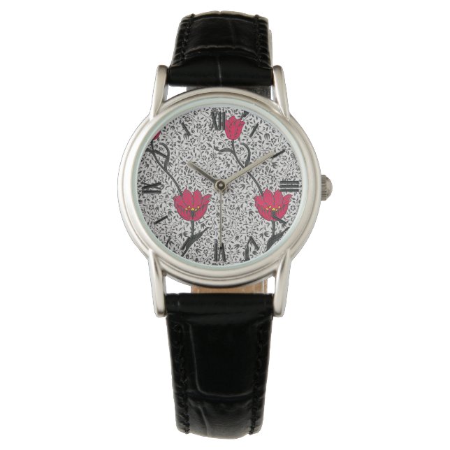 Art Nouveau Tulip Damask, Grey and Red Horloge (Voorkant)
