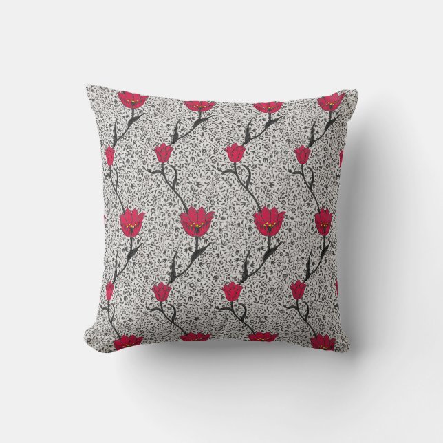 Art Nouveau Tulip Damask, Grey and Red Kussen (Voorkant)