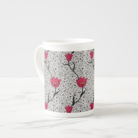 Art Nouveau Tulip Damask, Grey and Red Porselein Kop (Links)