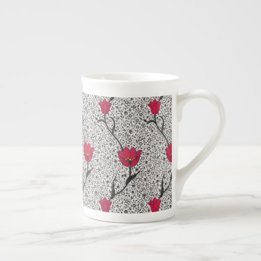 Art Nouveau Tulip Damask, Grey and Red Porselein Kop (Rechts)