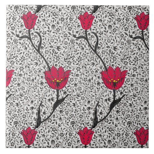 Art Nouveau Tulip Damask, Grey and Red Tegeltje (Voorkant)