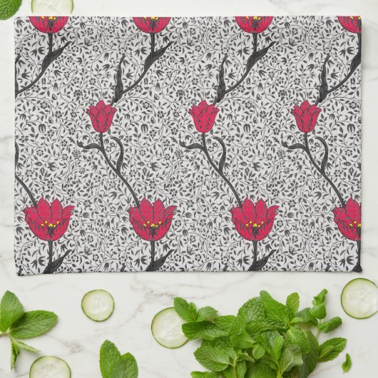 Art Nouveau Tulip Damask, Grey and Red Theedoek (Gevouwen)