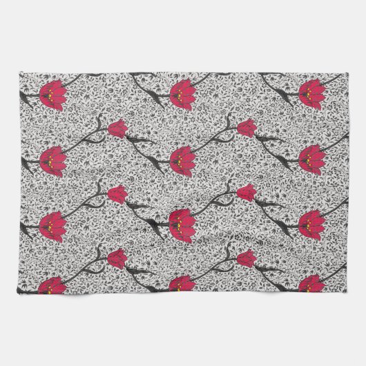 Art Nouveau Tulip Damask, Grey and Red Theedoek (Horizontaal)