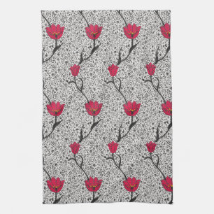 Art Nouveau Tulip Damask, Grey and Red Theedoek