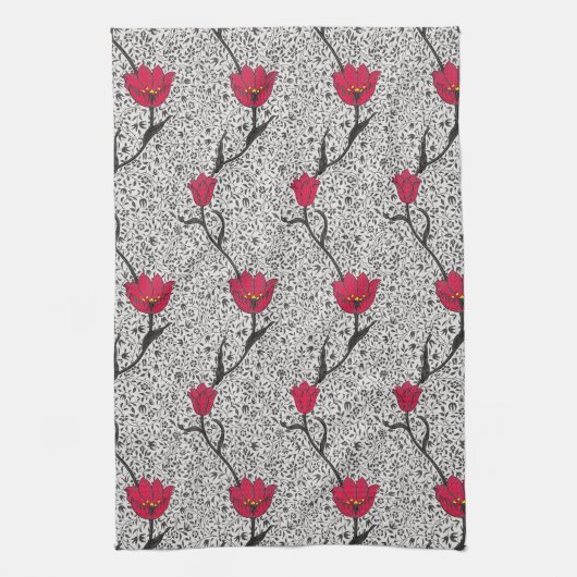 Art Nouveau Tulip Damask, Grey and Red Theedoek (Verticaal)
