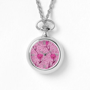 Art Nouveau Tulip Damask, Wine & Fuchsia Pink Horloge