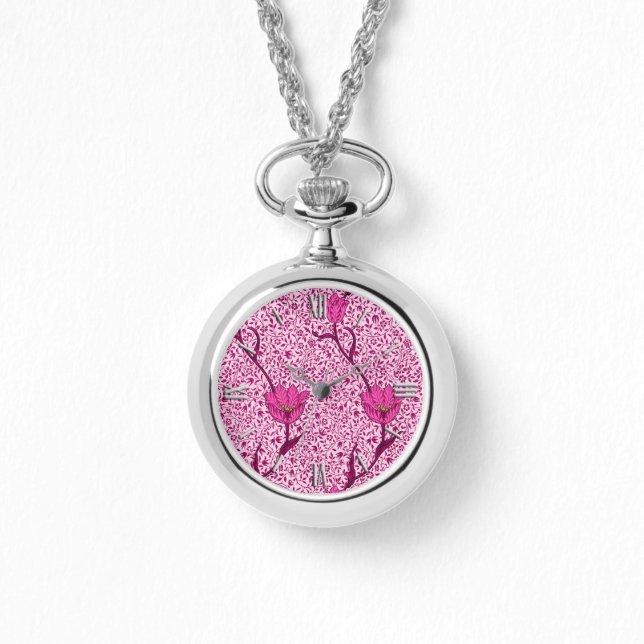 Art Nouveau Tulip Damask, Wine & Fuchsia Pink Horloge (Voorkant)