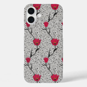 Art Nouveau Tulp Damast, Grijs en Rood iPhone 16 Plus Hoesje