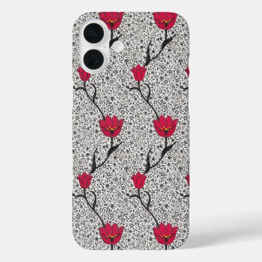 Art Nouveau Tulp Damast, Grijs en Rood Case-Mate iPhone Case (Achterkant)