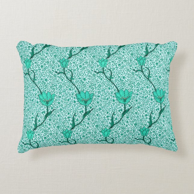 Art Nouveau Tulp Damast, Turquoise Decoratief Kussen (Voorkant)