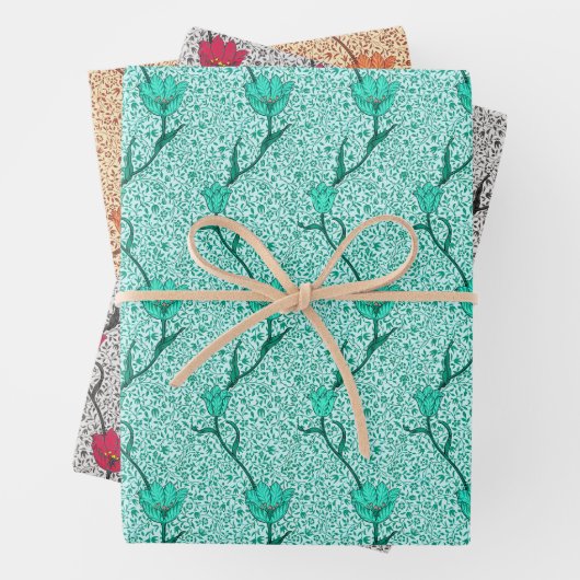 Art Nouveau Tulp Damast, Turquoise, Grijs, Koraal Inpakpapier Vel (In situ)