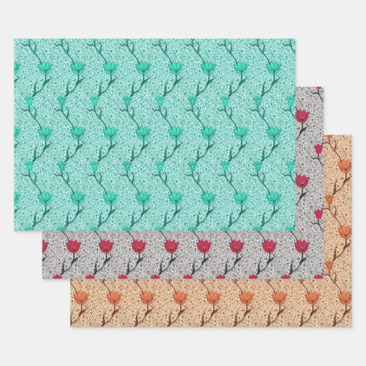 Art Nouveau Tulp Damast, Turquoise, Grijs, Koraal Inpakpapier Vel (Set)