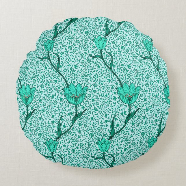 Art Nouveau Tulp Damast, Turquoise Rond Kussen (Voorkant)