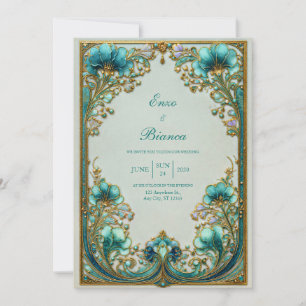 Art Nouveau Turquoise Bloemengoud Bruiloft Kaart