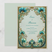 Art Nouveau Turquoise Bloemengoud Bruiloft Kaart (Voorkant / Achterkant)