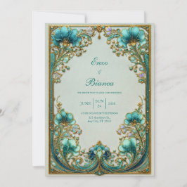 Art Nouveau Turquoise Floral Gilded Wedding Kaart