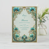 Art Nouveau Turquoise Floral Gilded Wedding Kaart (Staand voorkant)