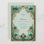Art Nouveau Turquoise Floral Gilded Wedding Kaart (Voorkant / Achterkant)