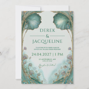 Art Nouveau Turquoise Gouden Ginkgo Blad Trouwring Kaart