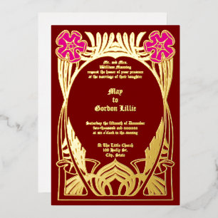 Art Nouveau Twee Bloemen Foliage Lijst Folie Uitnodiging
