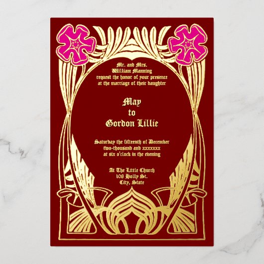  Art Nouveau Twee Bloemen Foliage Lijst Folie Uitnodiging (Voorkant)