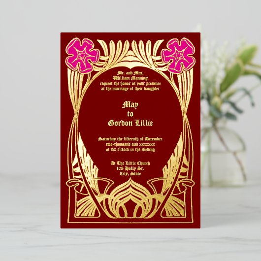  Art Nouveau Twee Bloemen Foliage Lijst Folie Uitnodiging (Staand Voorkant)
