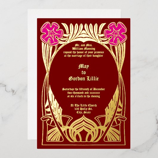  Art Nouveau Twee Bloemen Foliage Lijst Folie Uitnodiging (Voorkant / Achterkant)