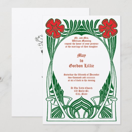 Art Nouveau Twee Bloemen Foliage Lijst Kaart (Voorkant / Achterkant)