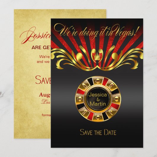 Art Nouveau Vegas Save the Date | Goud rood Kaart (Voorkant / Achterkant)