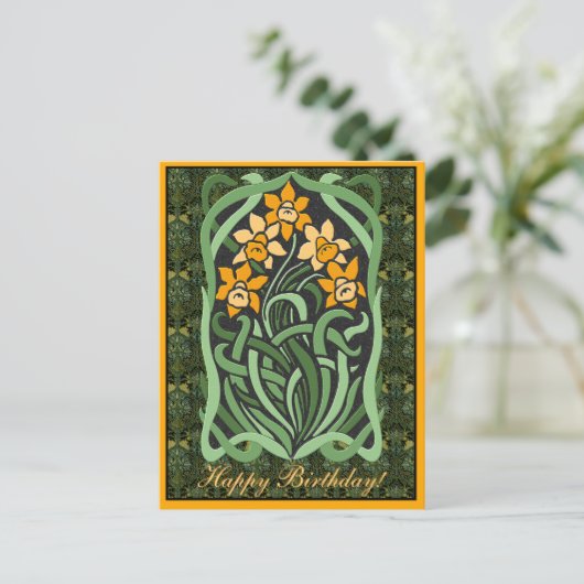 Art Nouveau Verjaardag Daffodils (gepersonaliseerd Briefkaart (Staand voorkant)