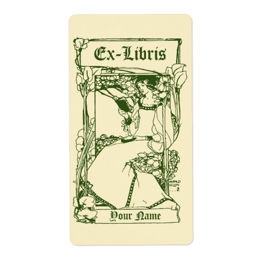 Art Nouveau Victoriaans Era Ex Libris Lady Sjabloo Etiket (Voorkant)