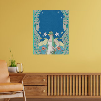 Art Nouveau Vintage Blauwe Dame & Bloemrijke Doorg Poster
